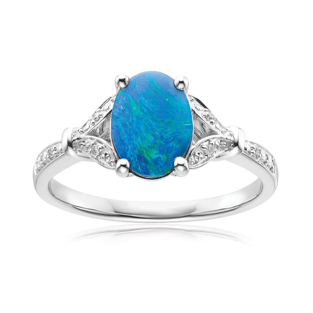 Sterling Silver Oval Cut 9x7mm Black Opal and Diamonds Ring