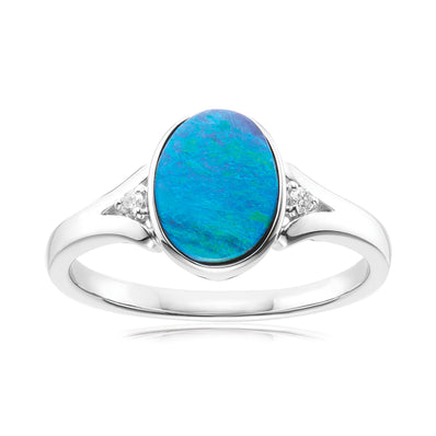 Sterling Silver Oval Cut 9x7mm Black Opal and Diamonds Ring