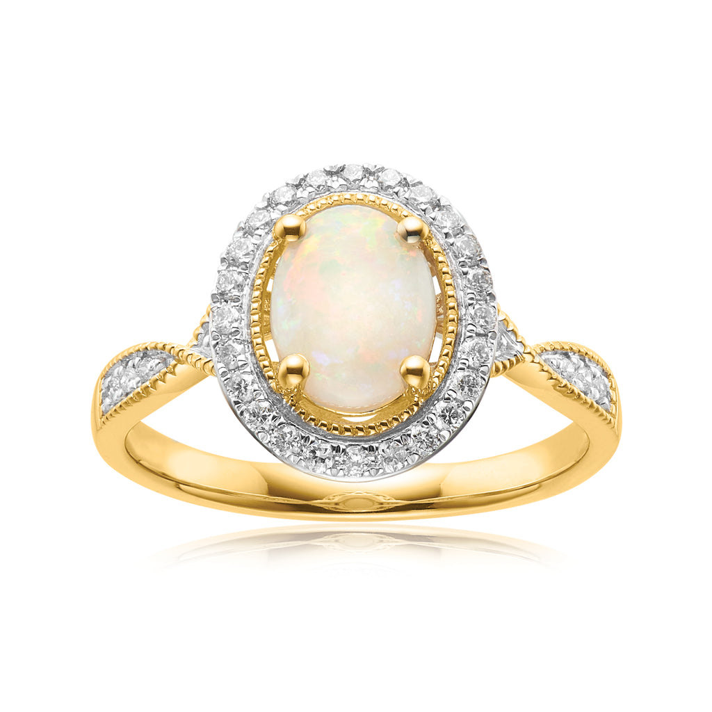 9ct Yellow Gold Oval Cut 8x6mm Opal and 0.20 Carat tw of Diamonds Ring