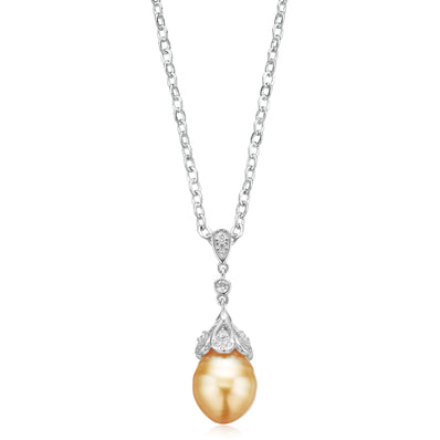 Sterling Silver 9-11mm Golden South Sea Pearl & Cubic Zirconia Pendant
