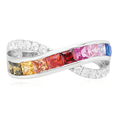Sterling Silver with Round & Princess Rainbow Cubic Zirconia Rings