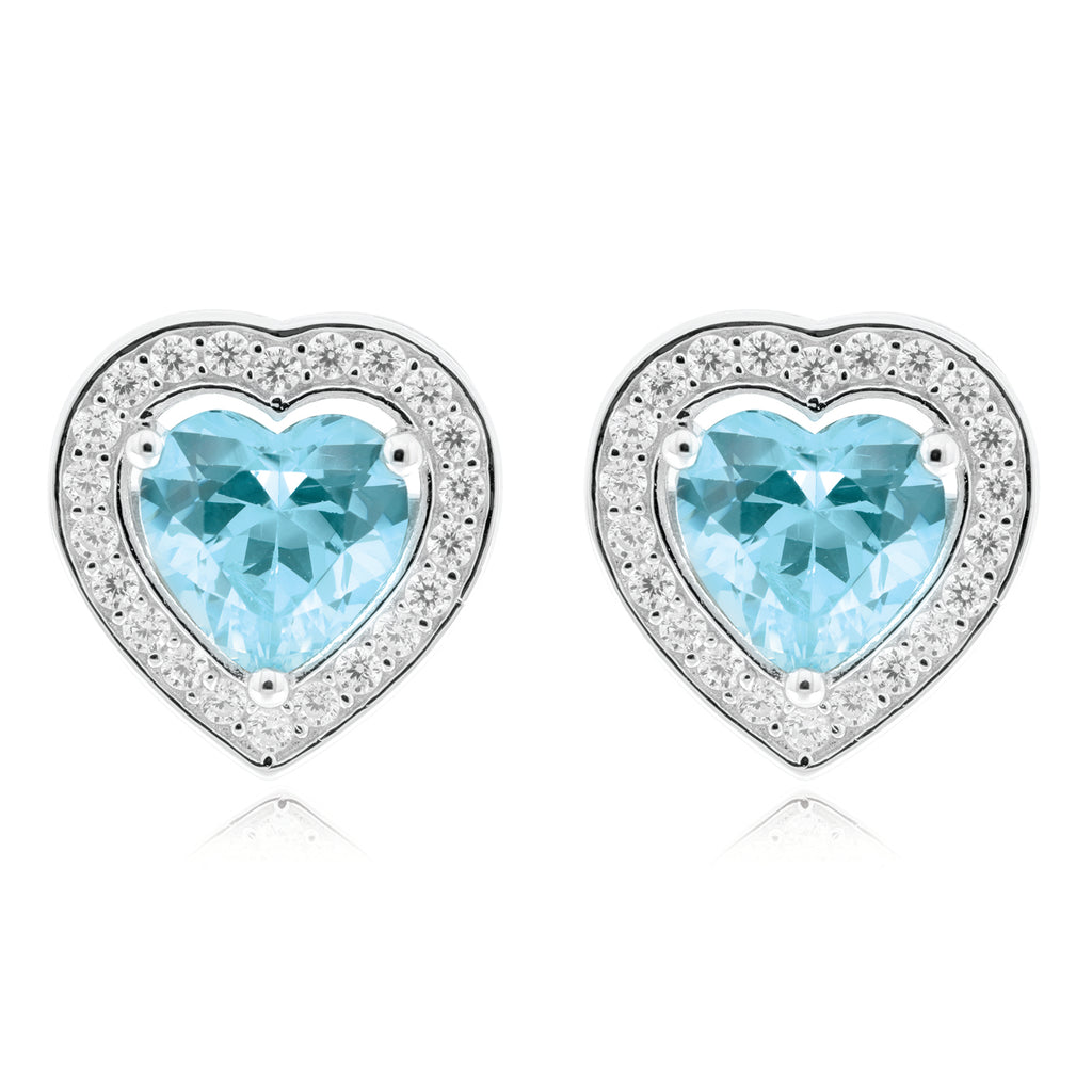 Sterling Silver Heart & Round Blue and White  Cubic Zirconia Stud Earrings