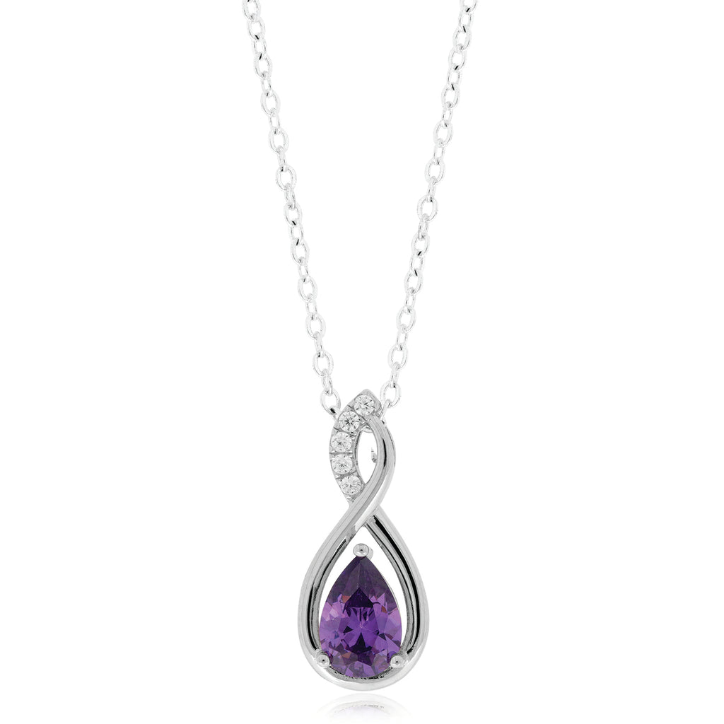 Sterling Silver Pear & Round Purple and White Cubic Zirconia Pendants