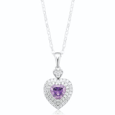 Sterling Silver with Heart & Round Cut Purple&White Cubic Zirconia Pendant