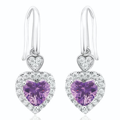 Sterling Silver with Heart & Round Cut Purple & White Cubic Zirconia Drop Earrings
