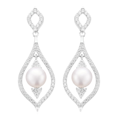 Sterling Silver with 7.5 - 8 mm  Freshwater Pearl & White Cubic Zirconia Drop Earrings