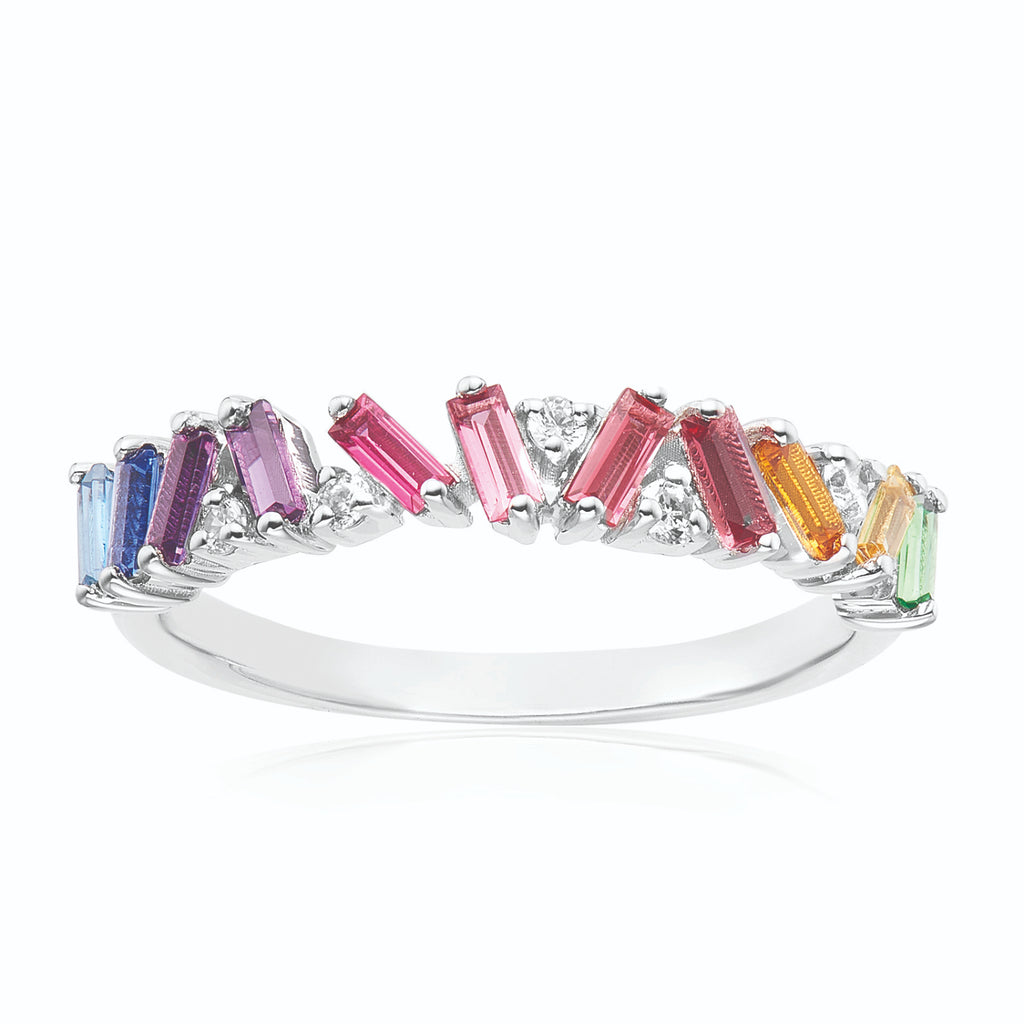 Sterling Silver with Baguete & Round Cut Cubic Zirconia Rainbow Fashion Rings