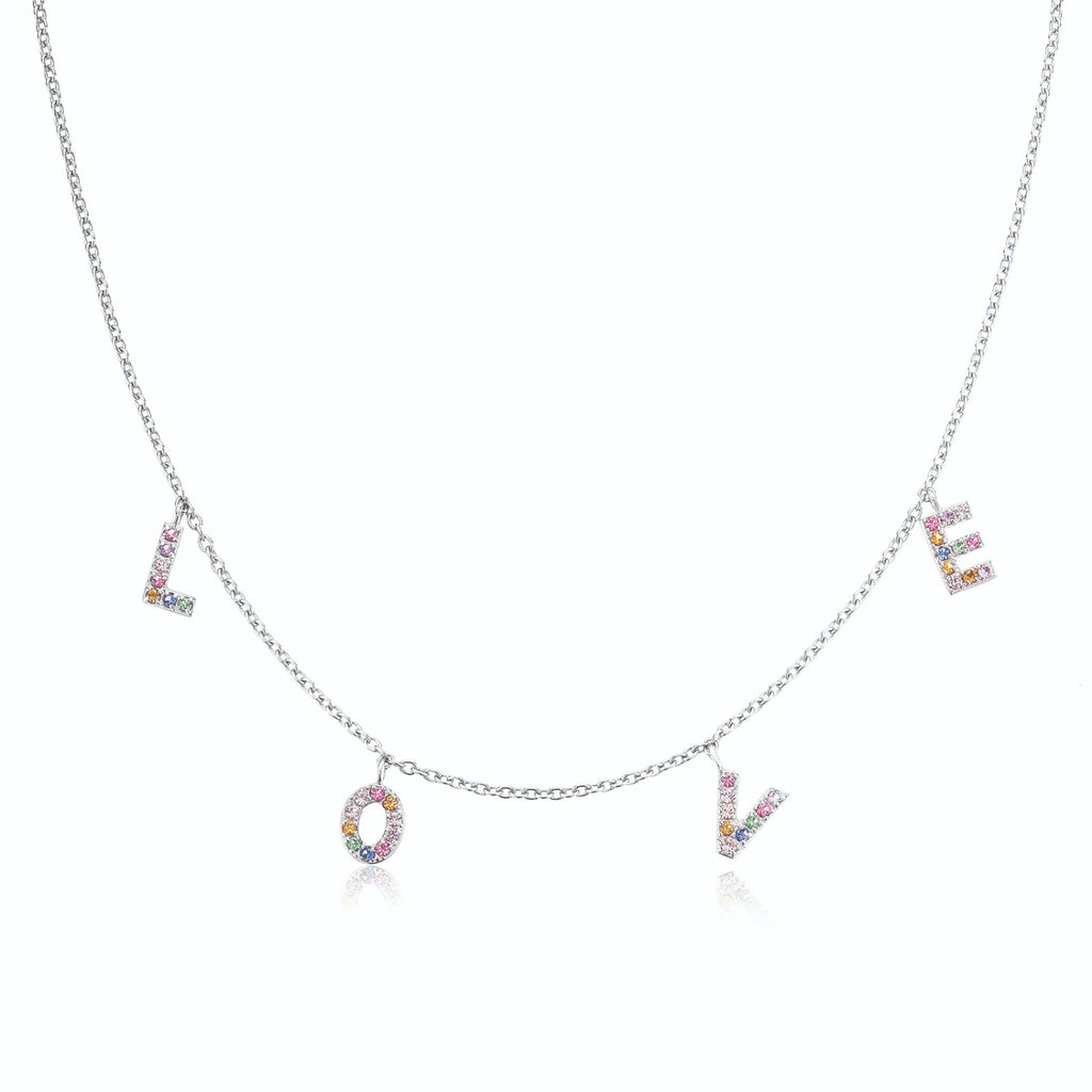 Sterling Silver  40-45mm with Round Brilliant Cut Cubic Zirconia Rainbow Love Necklace