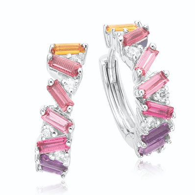 Sterling Silver with Baguete & Round Cut Cubic Zirconia Rainbow Hoop Earrings