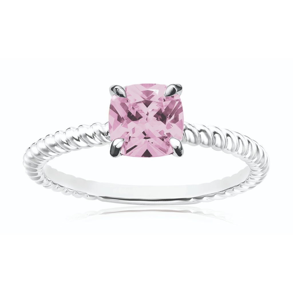Sterling Silver with Cushion Cut  6X6MM Pink Cubic Zirconia Fashion Rings
