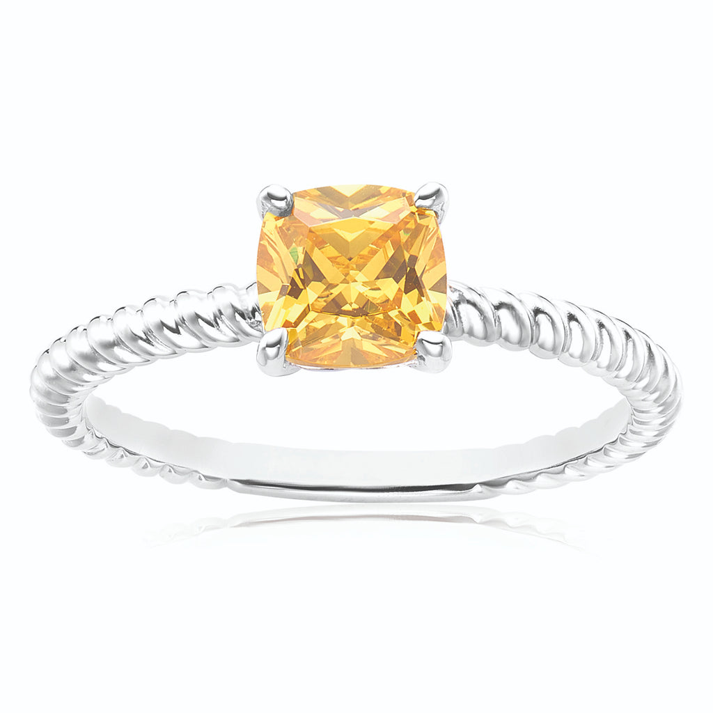 Sterling Silver with Cushion Cut  6X6MM Yellow Cubic Zirconia Fashion Rings