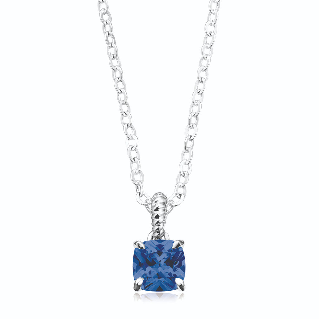 Sterling Silver with Cushion Cut  6x6mm Blue Cubic Zirconia Pendant