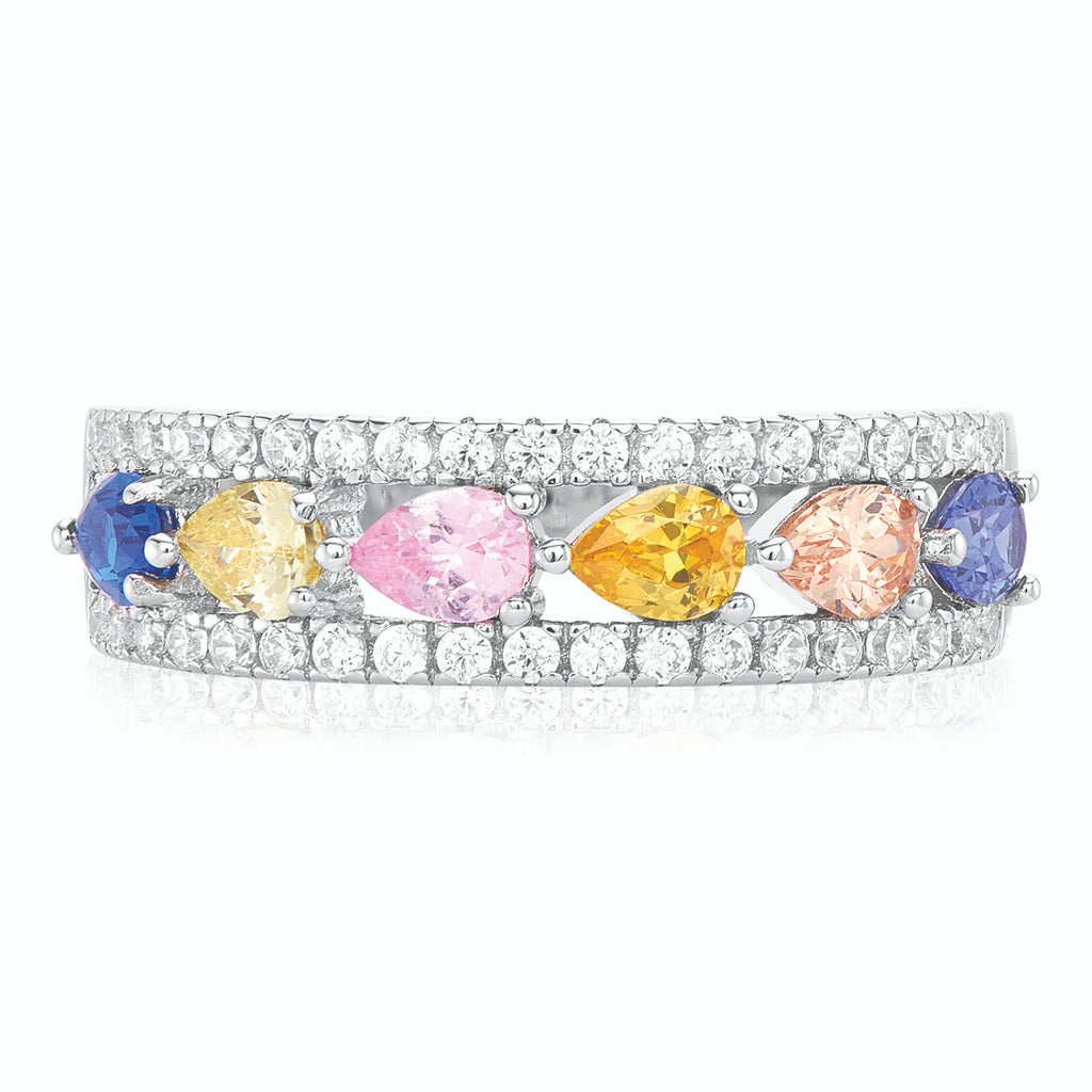 Sterling Silver with Pear & Round Cut Cubic Zirconia Rainbow Fashion Rings