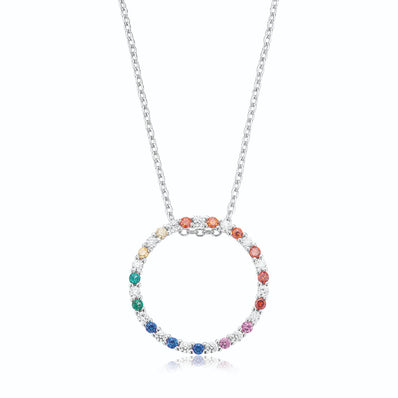 Sterling Silver with Round Brilliant Cut Cubic Zirconia Rainbow Circle Pendant
