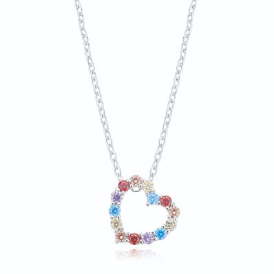 Sterling Silver with Round Brilliant Cut  Cubic Zirconia Rainbow Heart Pendant