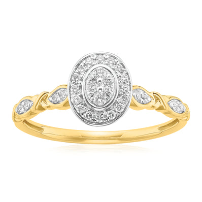 9ct Two Tone Gold Round Brilliant Cut 0.20 Carat tw of Diamond Oval Dress Ring