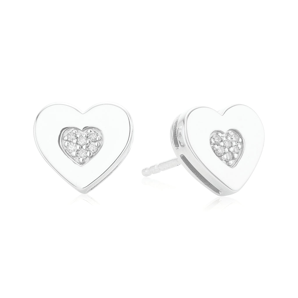 Sterling Silver with Round Brilliant Cut Diamond Set Heart Stud Earrings