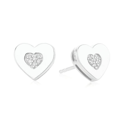 Sterling Silver with Round Brilliant Cut Diamond Set Heart Stud Earrings