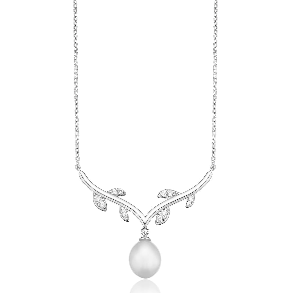 Sterling Silver with Drop 8-8.5mm Fresh Water Pearl & Cubic Zirconia Necklace