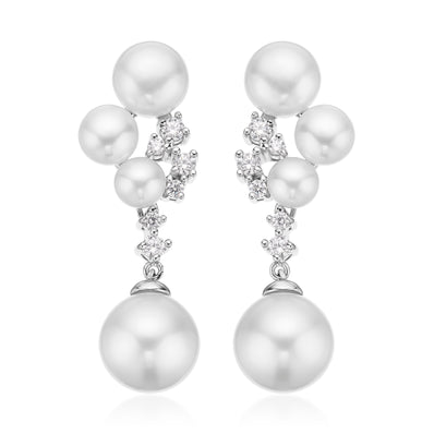 Sterling Silver Button Fresh Water Pearl & Cubic Zirconia Drop Earrings