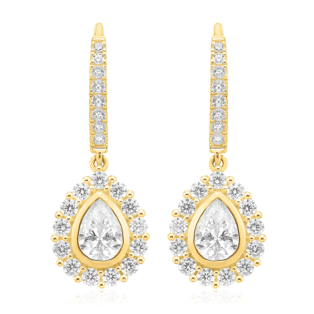 HUSH 9ct Yellow Gold with Pear & Round Brilliant  Cut 2.30 CARAT tw of Diamond Simulant Drop Earrings