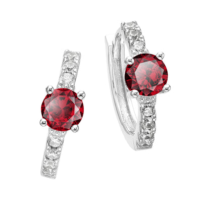 Sterling Silver with Round Dark Red and White Cubic Zirconia January Birthstone Hoop Earrings