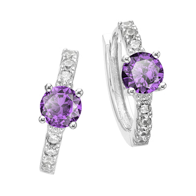 Sterling Silver with Round Purple and White Cubic Zirconia February Birthstone Hoop Earrings