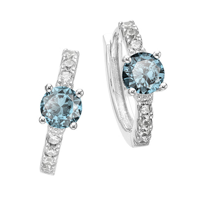 Sterling Silver with Round Blue Aquamarine Tone and White Cubic Zirconia March Birthstone Hoop Earrings