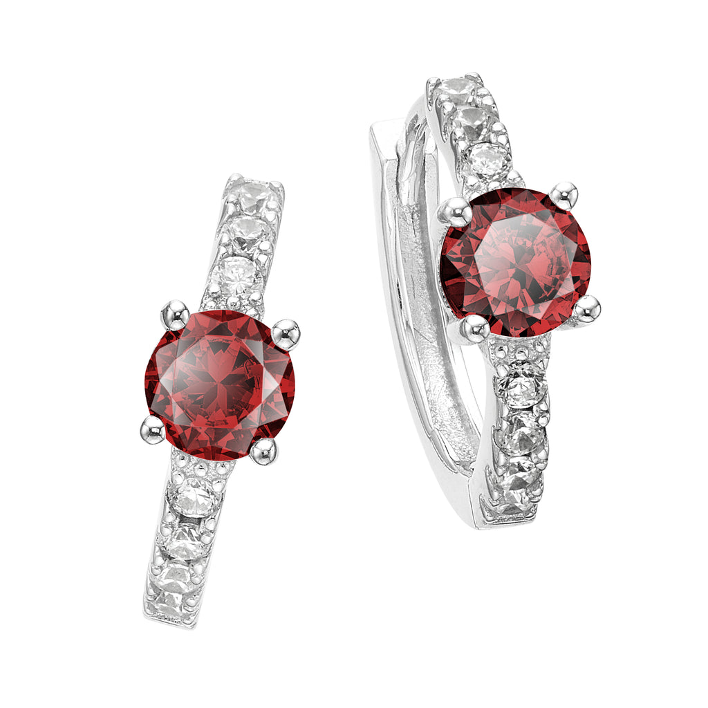 Sterling Silver with Round  Red and White Cubic Zirconia July Birthstone Hoop Earrings