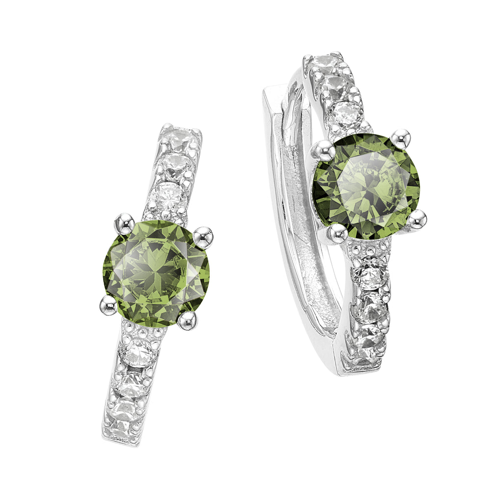 Sterling Silver with Round Green and White Cubic Zirconia August  Birthstone  Hoop Earrings