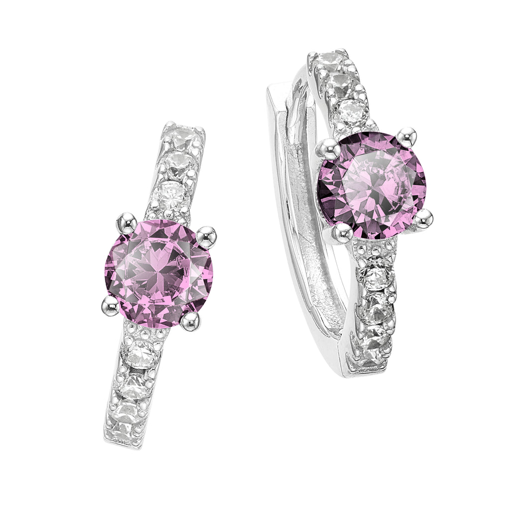 Sterling Silver with Round Pink and White Cubic Zirconia October Birthstone Hoop Earrings