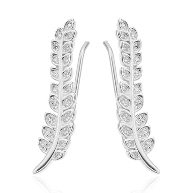 Sterling Silver with Round White Cubic Zirconia Leaf Drop Earrings