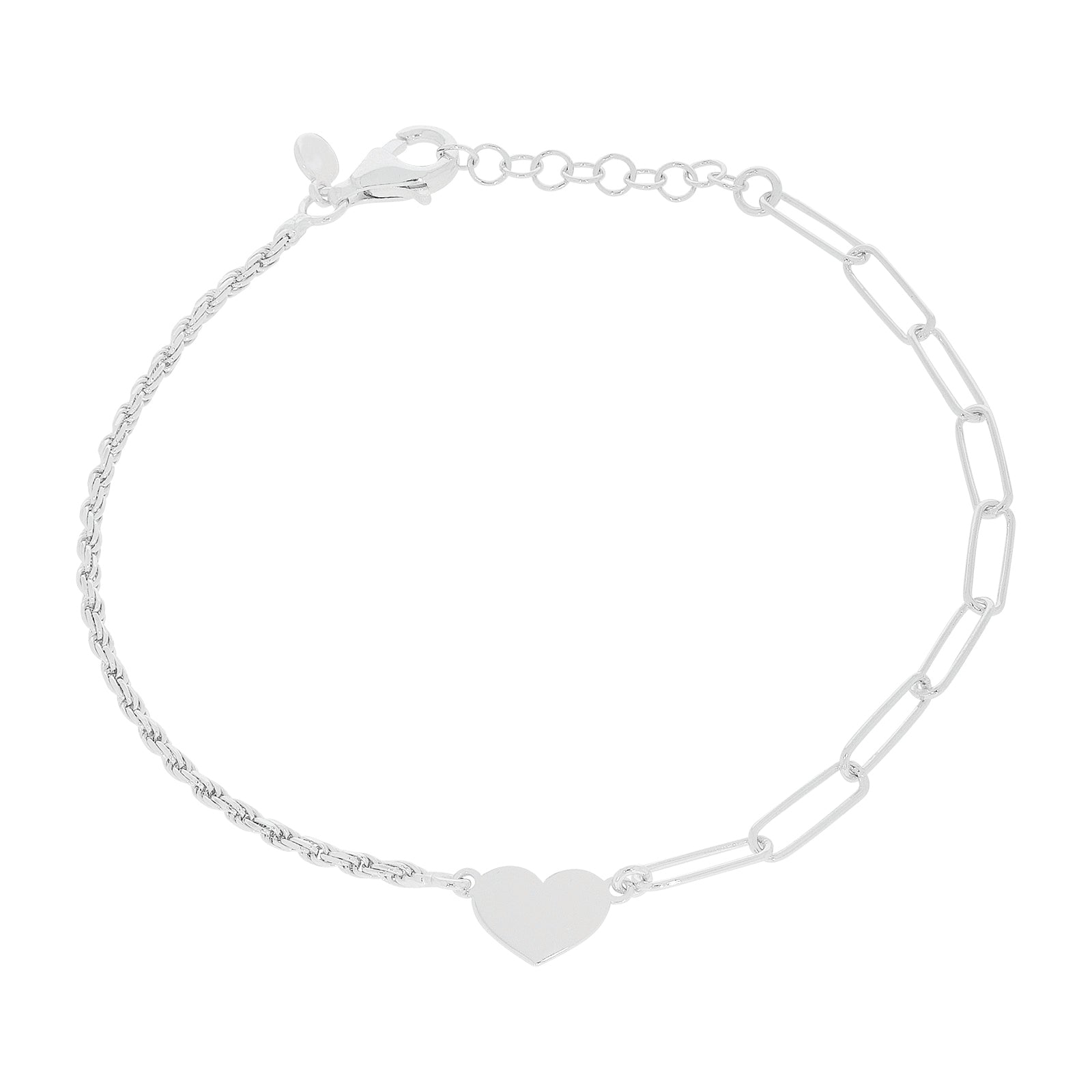 Sterling Silver 10-21cm Long Curb Rope Heart Bracelet