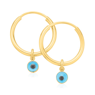 9ct Yellow Gold Evil Eye Glass Hoop Earrings