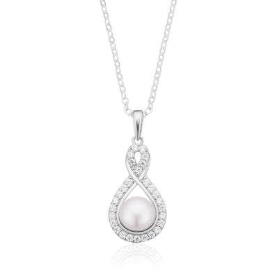 Sterling Silver with Round Cubic Zirconia and 8-8.5mm Cultured Fresh Water Pearls Pendant