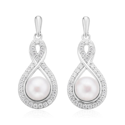 Sterling Silver with Round Cubic Zirconia and 7-7.5mm Cultured Fresh Water Pearls Pendant