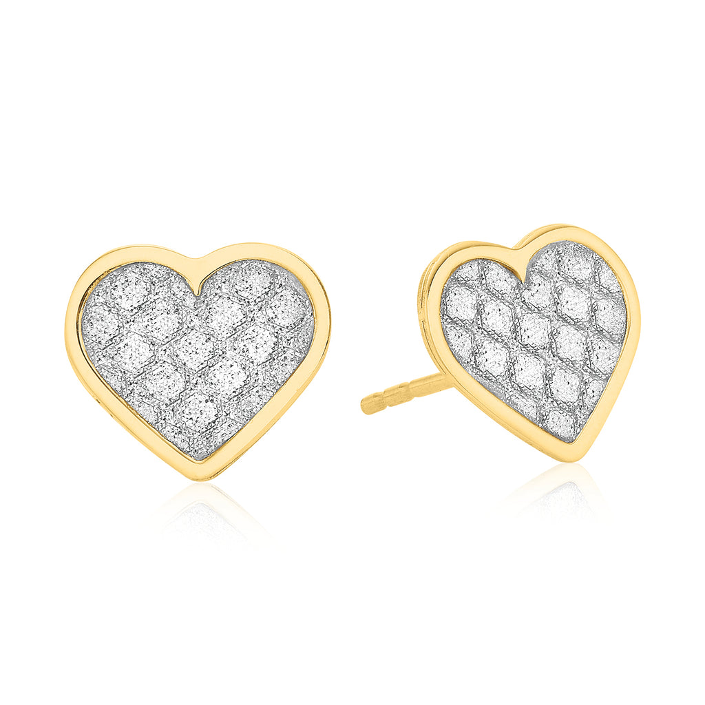 9ct Yellow Gold Heart Glitter Stud Earrings