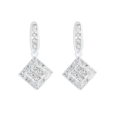 New York 14ct White Gold with Princess & Round Cut 1/2 CARAT tw of Diamond Drop Earrings