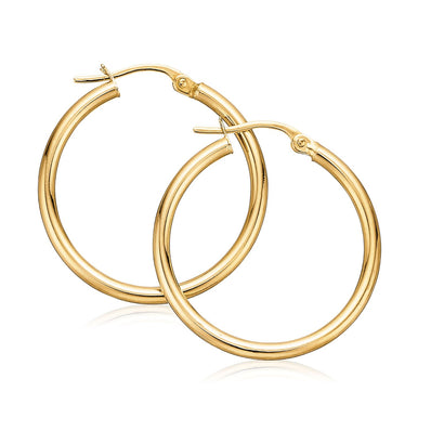 9ct Yellow Gold with Round Cut 2X20MM Polished  Hoop Earrings