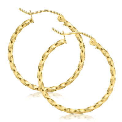 9ct Yellow Gold Round 2x25mm Pattern Hoop Earrings