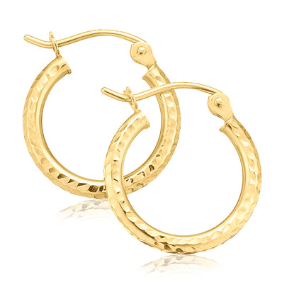 9ct Yellow Gold with Round 2x15mm Diamond Cut  Hoop Earrings