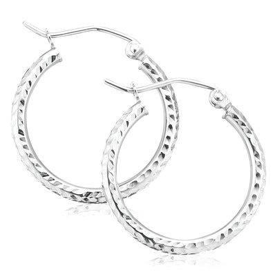 9ct White Gold 2x20mm Diamond Cut Hoop Earrings