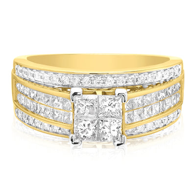 14ct Yellow Gold with Princess Cut 1 1/2 CARAT of Diamonds Dress Ring