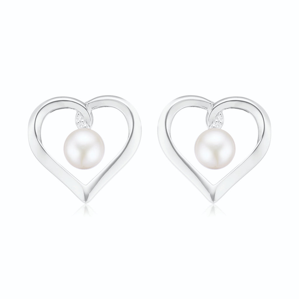 Sterling Silver with Round Brilliant Cut 6.5mm Fresh Water Pearls & Cubic Zirconia Heart Studs Earrings