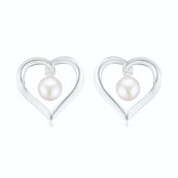 Sterling Silver with Round Brilliant Cut 6.5mm Fresh Water Pearls & Cubic Zirconia Heart Studs Earrings