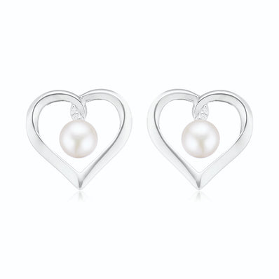 Sterling Silver with Round Brilliant Cut 6.5mm Fresh Water Pearls & Cubic Zirconia Heart Studs Earrings