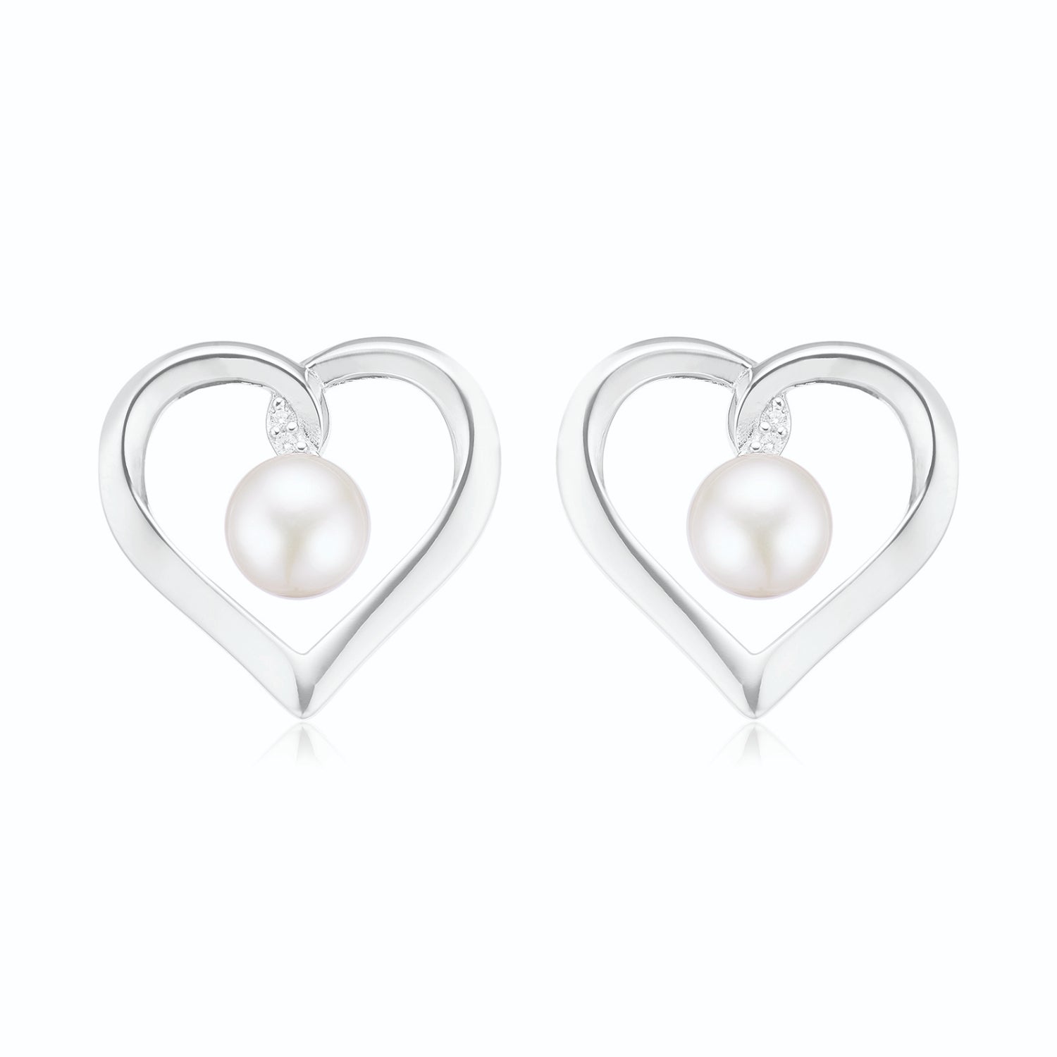 Sterling Silver with Round Brilliant Cut 6.5mm Fresh Water Pearls & Cubic Zirconia Heart Studs Earrings