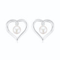 Sterling Silver with Round Brilliant Cut 6.5mm Fresh Water Pearls & Cubic Zirconia Heart Studs Earrings