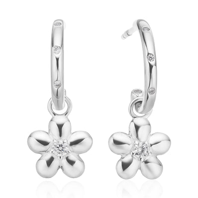 Sterling Silver with Round Cut White Cubic Zirconia Flower Drop Earrings