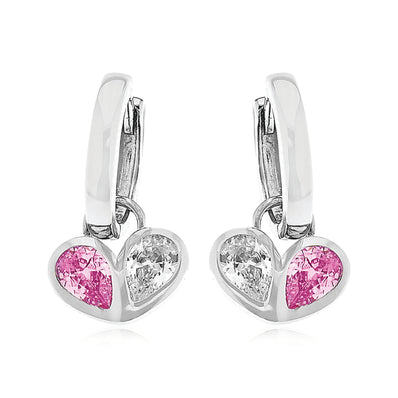 Steling Silver Pear Pink & White Cubic Zirconia Huggie Earrings